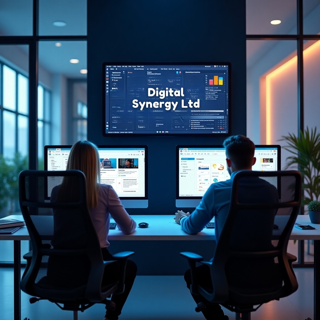 A modern, high-tech office interior representing Digital Synergy's expertise.